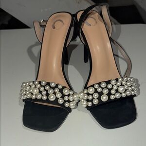 Journee Collection Black Pearl-Studded Open-Toe Heels
